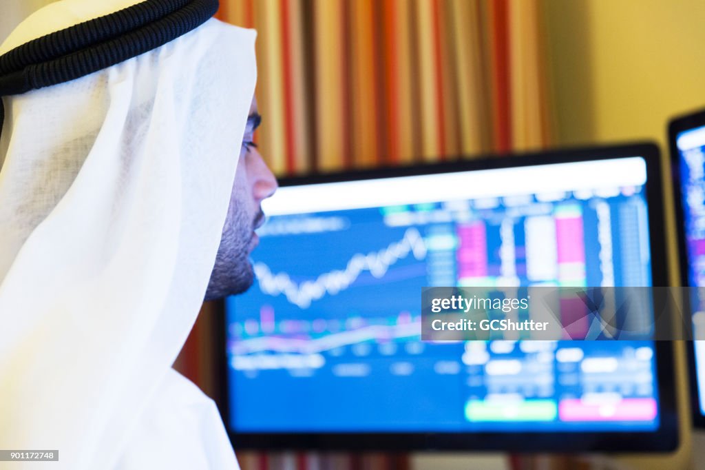 Aspiring business working from his home office to understand charts