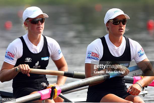 Emma-Jane Feathery and Rebecca Scown of New Zealand compete in the Women's Pair Semi final on day five of the World Rowing Championships on August...