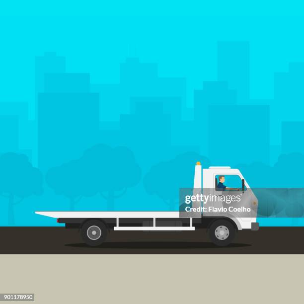 modern tow truck unloaded illustration - truck side view stock pictures, royalty-free photos & images