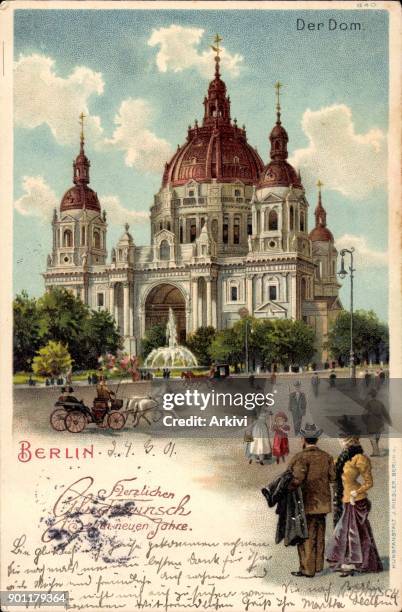 Litho Berlin Mitte, Straßenpartie mit Blick auf den Dom, Kutsche, Passanten