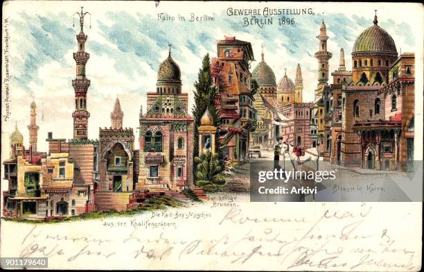 Litho Berlin Treptow, Gewerbeausstellung 1896, Kairo, Kait Bey Moschee, Esel, Minarett