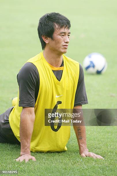 Indian football team captain Baichung Bhutia practices in New Delhi ahead of their match with Sri Lanka at the Nehru Cup football tournament on...