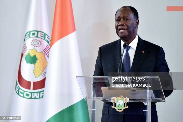 Ivorian President Alassane Ouattara delivers his New Year wishes at the presidential palace in Abidjan, on January 4, 2018.