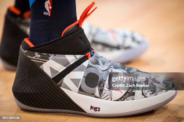 The sneakers of Russell Westbrook of the Oklahoma City Thunder are on display before the game against the Los Angeles Lakers at the Staples Center in...