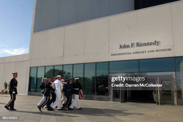 The coffin of U.S. Senator Edward M. Kennedy is carried into the John F. Kennedy Presidential Library and Museum August 27, 2009 in Boston,...