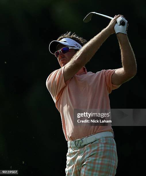 Ian Poulter of England plays an approach shot on the sixth fairway during round one of The Barclays on August 27, 2009 at Liberty National in Jersey...