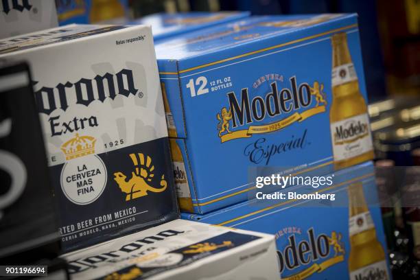 Cases of Constellation Brands Inc. Corona and Modelo beer sit on display for sale inside a BevMo Holdings LLC store in Walnut Creek, California,...