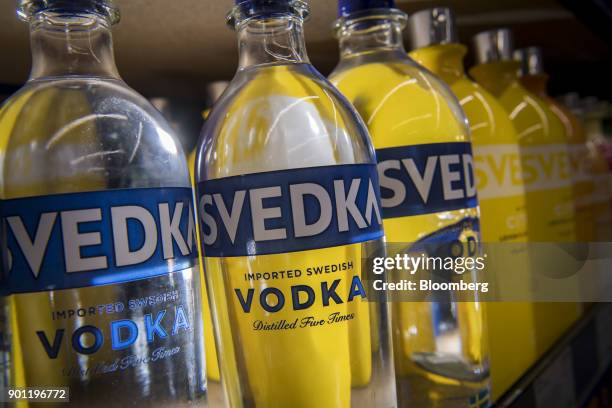 Bottles of Constellation Brands Inc. Svedka vodka sit on display for sale inside a BevMo Holdings LLC store in Walnut Creek, California, U.S., on...