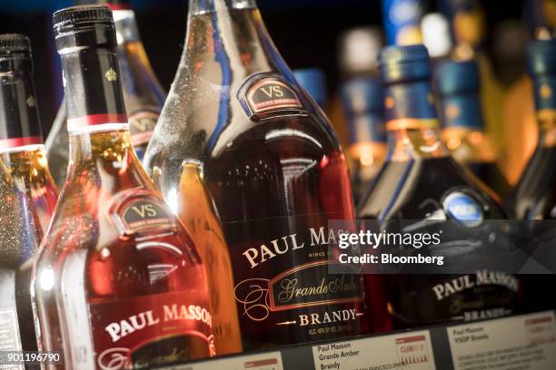 Bottles of Constellation Brands Inc. Paul Mason brandy sit on display for sale inside a BevMo Holdings LLC store in Walnut Creek, California, U.S.,...
