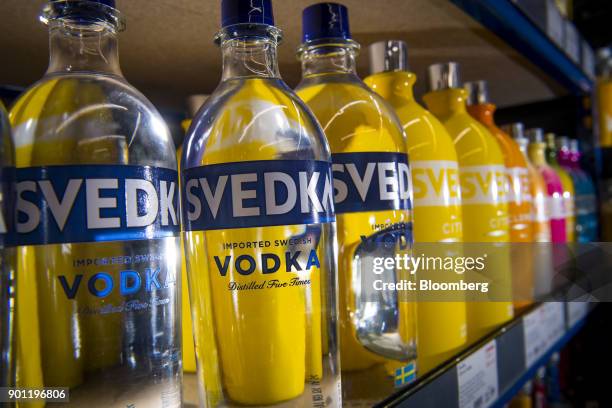 Bottles of Constellation Brands Inc. Svedka vodka sit on display for sale inside a BevMo Holdings LLC store in Walnut Creek, California, U.S., on...