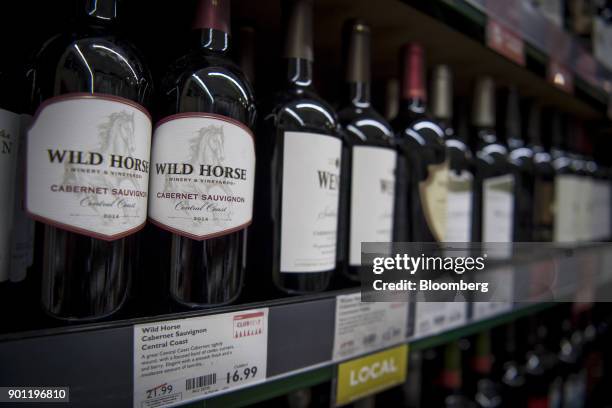 Bottles of Constellation Brands Inc. Wild Horse Cabernet Sauvignon wine sit on display for sale inside a BevMo Holdings LLC store in Walnut Creek,...