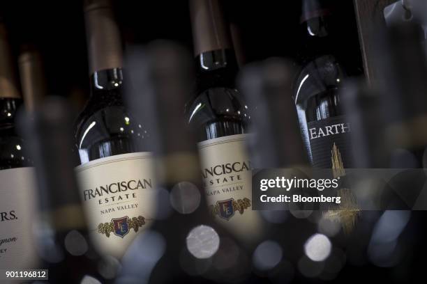 Bottles of Constellation Brands Inc. Franciscan Estate wine sit on display for sale inside a BevMo Holdings LLC store in Walnut Creek, California,...