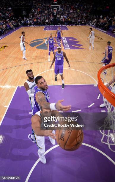 Brandan Wright of the Memphis Grizzlies rebounds against Willie Cauley-Stein of the Sacramento Kings on December 31, 2017 at Golden 1 Center in...