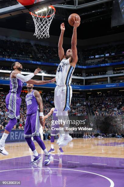 Brandan Wright of the Memphis Grizzlies goes up for the shot against the Sacramento Kings on December 31, 2017 at Golden 1 Center in Sacramento,...