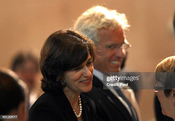 Sen. Edward Kennedy's wife Victoria Reggie Kennedy and nephew Joseph P. Kennedy II talk with family and friends at the John F. Kennedy Presidential...