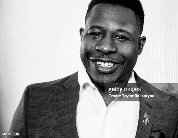 Closeup portrait of former Georgia Southern running back Adrian Peterson before induction ceremony at New York Hilton Midtown. New York, NY 12/5/2017...