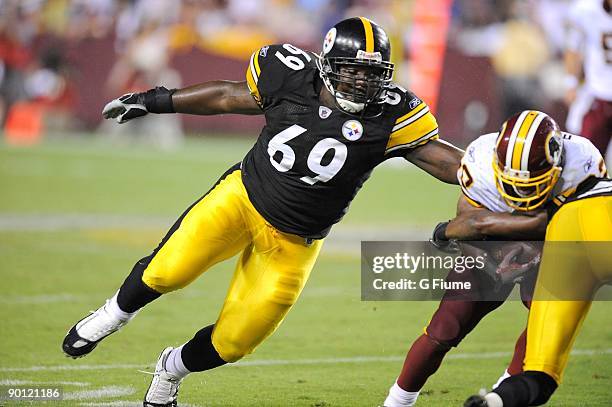 Jason Capizzi of the Pittsburgh Steelers reaches for the ball carrier during the game against the Washington Redskins at Fed Ex Field on August 22,...