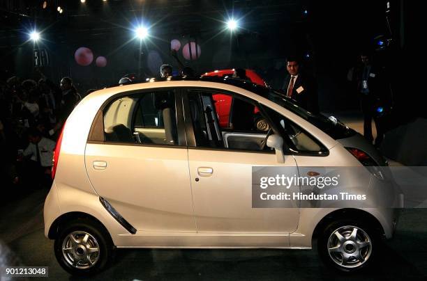 Newly launched Tata Nano car at the ninth Auto Expo on January 10, 2008 in New Delhi, India.