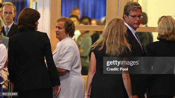 Sen. Edward Kennedy's wife Victoria Reggie Kennedy and son Ted Kennedy, Jr. Talk with family and friends at the John F. Kennedy Presidential Library,...