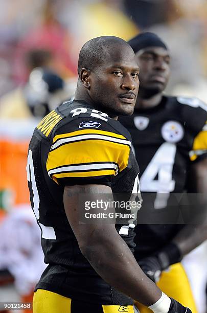 James Harrison of the Pittsburgh Steelers watches the game against the Washington Redskins at Fed Ex Field on August 22, 2009 in Landover, Maryland.