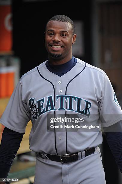 Ken Griffey Jr. #24 of the Seattle Mariners looks on from the dugout against the Detroit Tigers during the game at Comerica Park on August 19, 2009...