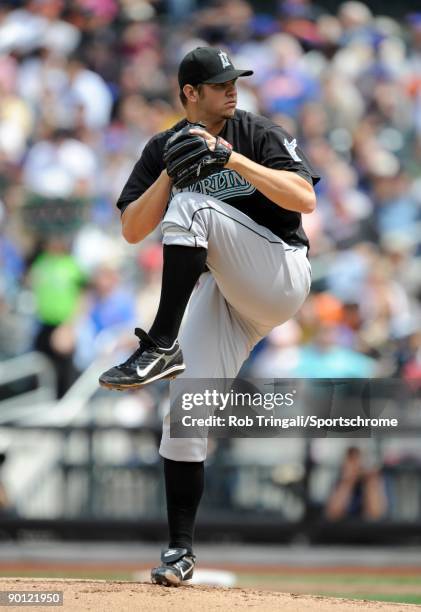 Josh Johnson of the Florida Marlins pitches against the New York Mets on April 29, 2009 at Citi Field in the Flushing neighborhood of the borough of...