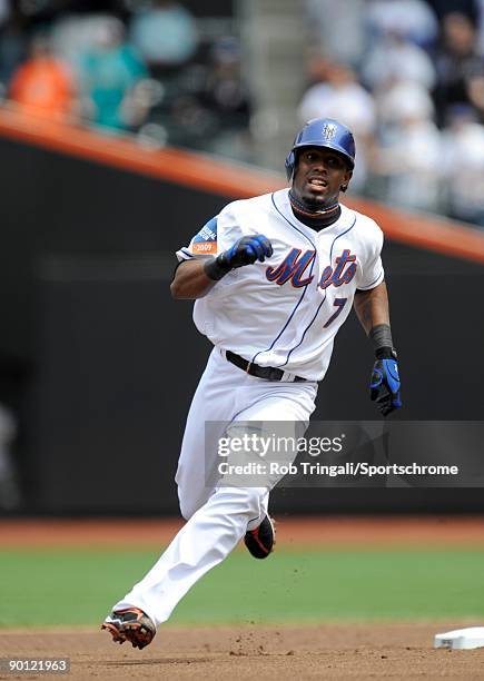 Jose Reyes of the New York Mets runs the bases against the Florida Marlins on April 29, 2009 at Citi Field in the Flushing neighborhood of the Queens...