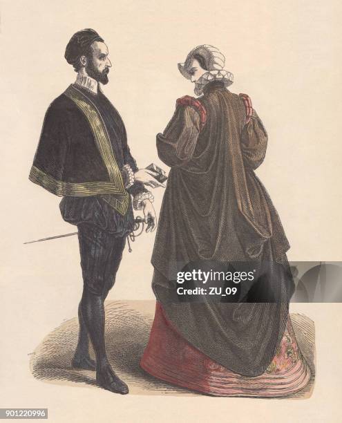 french court fashion, mid-16th century, hand-colored wood engraving, published c.1880 - noblesville stock illustrations