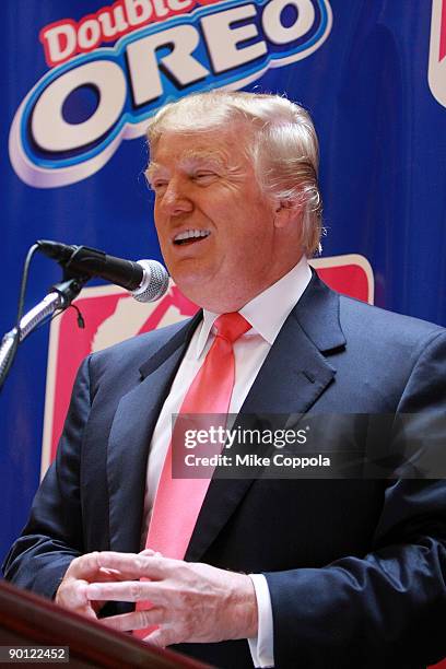 New York Real Estate mogul Donald Trump announces his intent to purchase the Oreo Double Stuff Racing League at Trump Tower on August 27, 2009 in New...