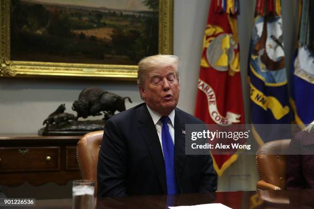 President Donald Trump speaks during a meeting in the Roosevelt Room of the White House January 4, 2018 in Washington, DC. President Trump met with...