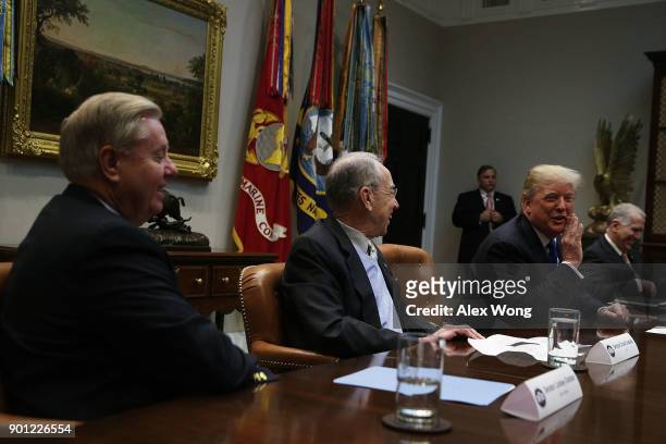 President Donald Trump speaks as Sen. Lindsey Graham , Sen. Chuck Grassley and Sen. Thom Tillis listen during a meeting in the Roosevelt Room of the...
