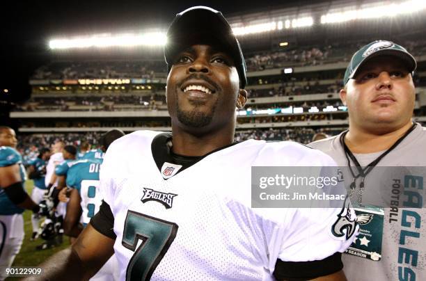 Michael Vick of the Philadelphia Eagles smiles after the Eagles win over the Jacksonville Jaguars in the preseason game at Lincoln Financial Field on...