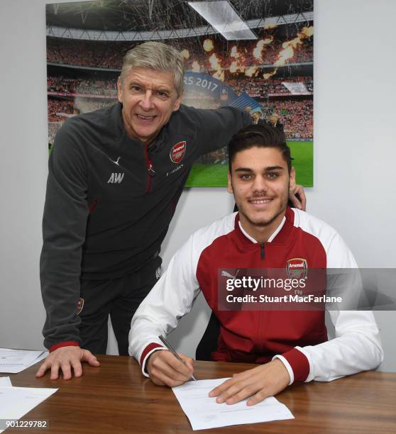 New Arsenal signing Konstantinos Mavropanos with manager Arsene Wenger at London Colney on January 4, 2018 in St Albans, England.