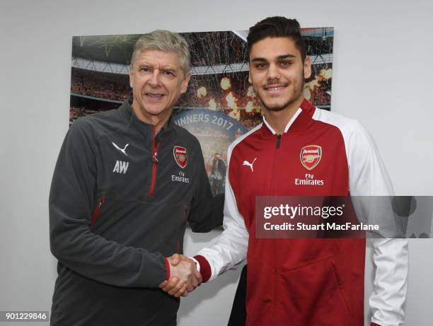 New Arsenal signing Konstantinos Mavropanos with manager Arsene Wenger at London Colney on January 4, 2018 in St Albans, England.