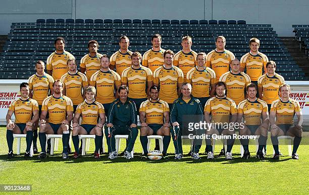 The Wallabies pose for a team shot during the Australian Wallabies Captain's Run at Subiaco Oval on August 28, 2009 in Perth, Australia.