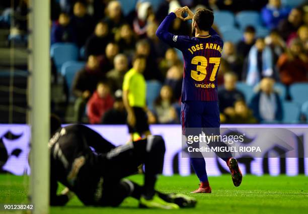 Barcelona's Spanish forward Jose Arnaiz celebrates after scoring a goal during the Spanish Copa del Rey football match RC Celta de Vigo vs FC...