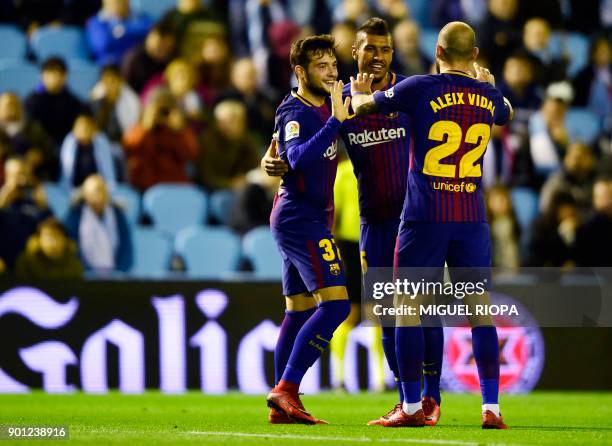 Barcelona's Spanish forward Jose Arnaiz celebrates a goal with teammates during the Spanish Copa del Rey football match RC Celta de Vigo vs FC...