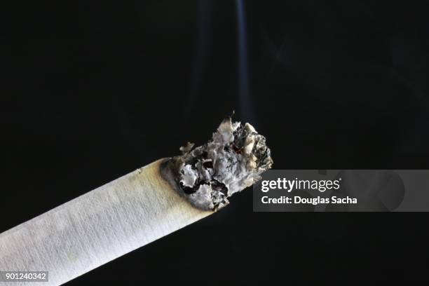 smoke rising from a burning cigarette on a black background - kautabak stock-fotos und bilder