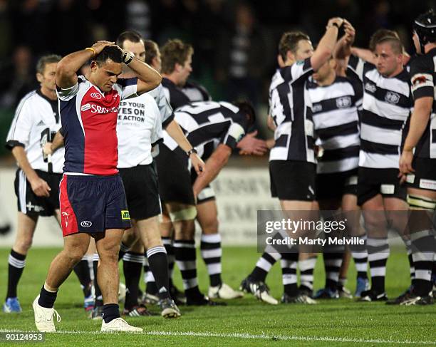 Kahn Fotuali'i of Tasman walks from the field after the Air New Zealand Cup match between Hawkes Bay and Tasman at McLean Park on August 28, 2009 in...