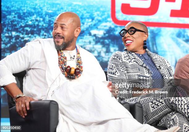 Actors Rockmond Dunbar and Aisha Hinds of the television show 9-1-1 speak onstage during the FOX portion of the 2018 Winter Television Critics...