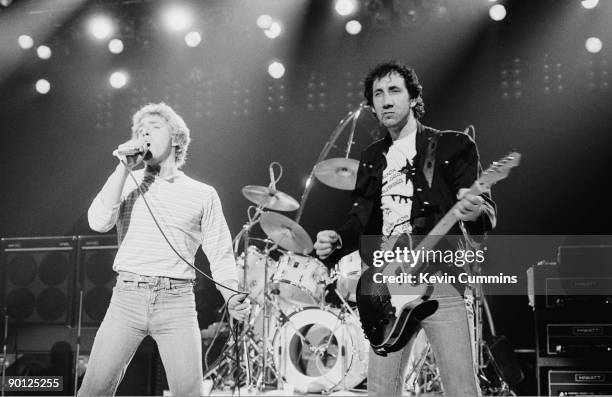 Singer Roger Daltrey and guitarist Pete Townshend, of English rock group The Who, performing at the Manchester Apollo, 1st March 1981.