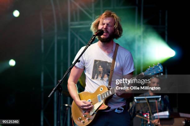 Justin Vernon and Sean Carey of Bon Iver performing on stage on the second day of the Summer Sundae Weekender at De Montfort Hall And Gardens on...