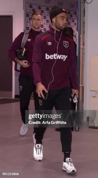 Winston Reid and Joe Hart of West Ham United arriving prior to the Premier League match between Tottenham Hotspur and West Ham United at Wembley...