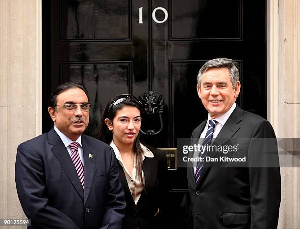 British Prime Minister Gordon Brown greets Pakistan's President Asif Ali Zardari and his daughter Miss Asifa Bhutto Zardari ahead of a press...