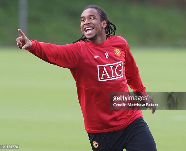 Anderson of Manchester United in action during a First Team Training Session at Carrington Training Ground on August 28 2009, in Manchester, England.