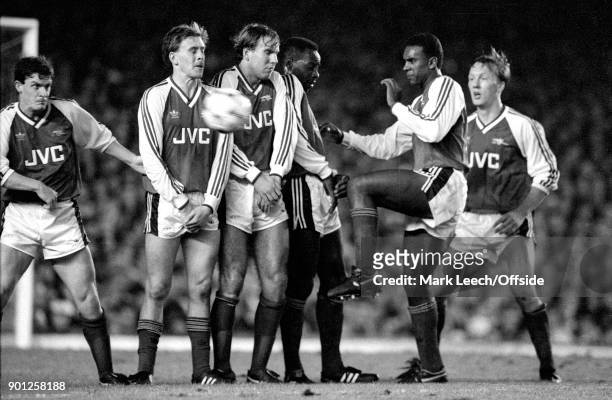 November 1988 London _ Football League Cup - Arsenal v Liverpool - Arsenal players in a defensive wall L to R : Brian Marwood, Kevin Richardson, paul...