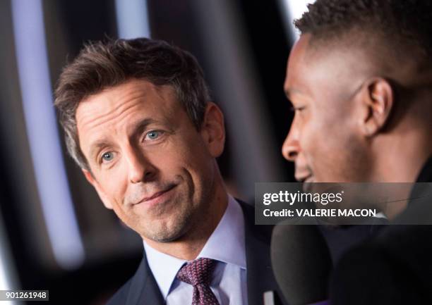 Host Seth Meyers answers interview during the 75th Annual Golden Globe Awards Preview Day at the Beverly Hilton Hotel on January 4 in Beverly Hills,...