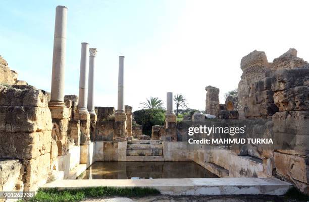 General view shows an indoor pool in the ruins of the ancient Roman city of Leptis Magna in al-Khums, 130 kilometres east of the Libyan capital,...