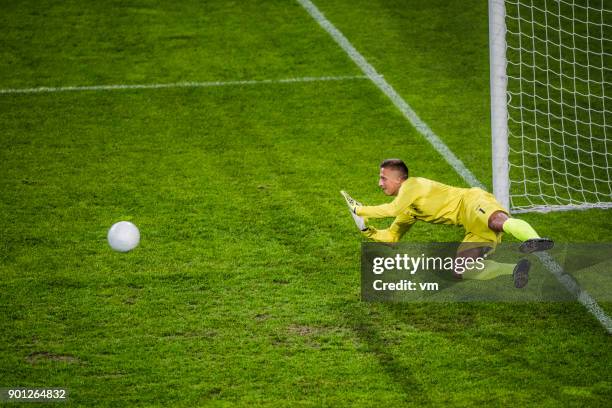 keeper in mid-air verdedigende doel - doelman stockfoto's en -beelden