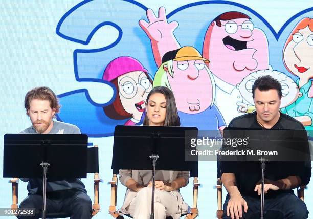 Actors Seth Green and Mila Kunis and creator/executive producer Seth MacFarlane of the television show Family Guy perform a live read onstage during...